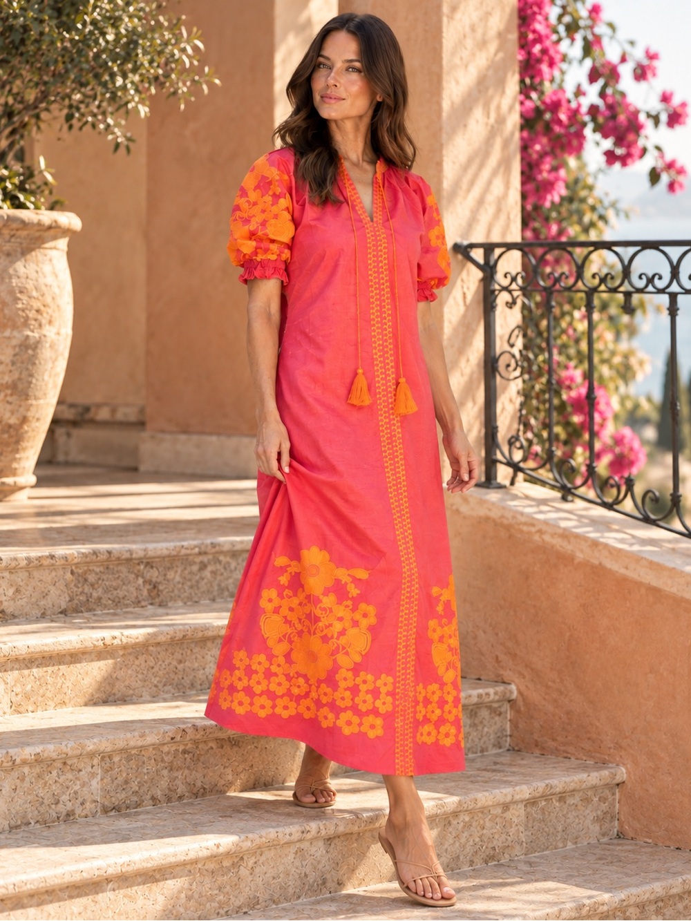 Julia Amory Coral-Pink Maxi Dress with Orange Floral Embroidery